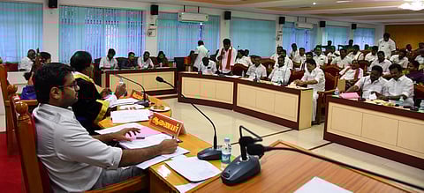 Tiruchy Corporation Mayor Mu Anbalagan chairing the council session on Friday