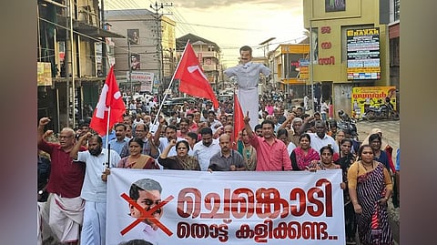 CPM Nilambur area committee members take out a protest march against MLA P V Anvar on Friday.