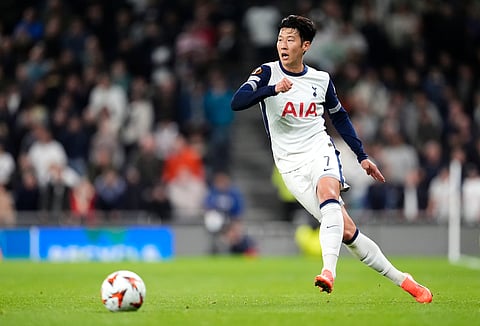Tottenham's Son Heung-Min plays the ball during the Europa League soccer match between Tottenham Hotspur and Qarabag FK in London, Thursday, Sept. 26, 2024.