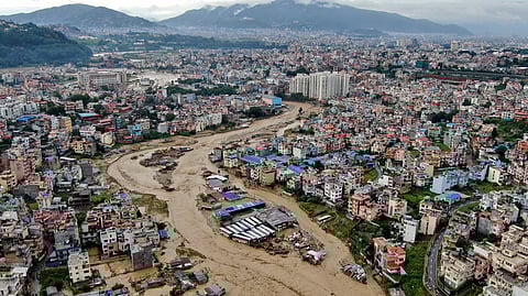 In this aerial image of the Kathmandu valley, Bagmati River is seen in flood due to heavy rains in Kathmandu.