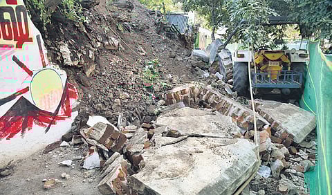 Parapet wall of Perambur railway station which collapsed killing a man while he was urinating on Saturday in Chennai