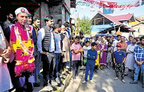 NC candidate Farooq Ahmad Shah at a rally in Tangmarg, Baramulla district.