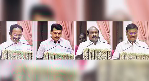 (From left) R Rajendran, V Senthil Balaji, Govi Chezhiyan and S M Nasar swearing in as ministers at Raj Bhavan
