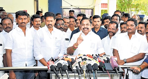 AIADMK general secretary Edappadi K Palaniswami talking to reporters at the Salem airport on Monday.