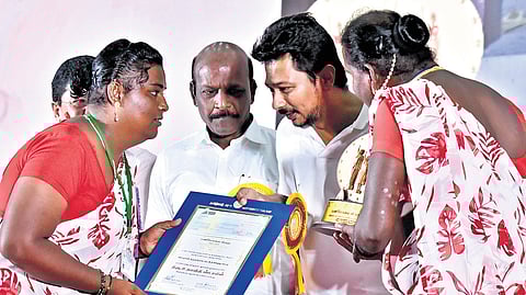 Deputy Chief Minister Udayanidhi Stalin with transwomen of various SHGs at a function held in Chennai on Monday