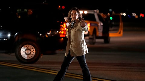 Democratic presidential nominee Vice President Kamala Harris waves as she arrives in San Francisco