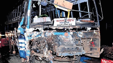 Mangled remains of the private bus that was involved in the accident.