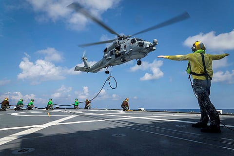 HMAS Stuart conducted a Helicopter in-Flight Refuelling (HIFR) evolution from the flight deck, with their embarked Flight 602 MH-60R Seahawk helicopter call sign ‘Scarecrow’ during the ship's regional presence deployment.
