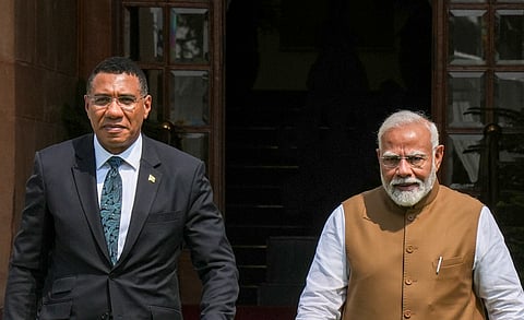 PM Modi with Jamaican PM Andrew Holness (Photo | PTI)