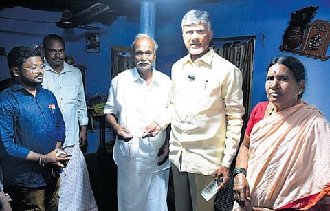 Chief Minister Nara Chandrababu Naidu distributes the social security pension to a household at Putchakayalamada village in Kurnool district on Tuesday