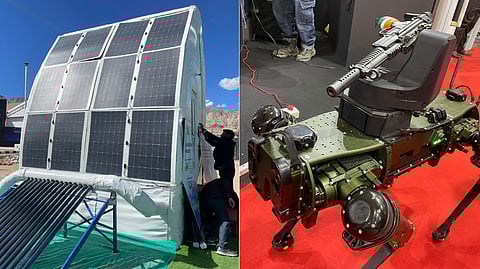(L) PeakPod, a lightweight and fully relocatable shelter; (R) a robotic mule, a ground robot designed to navigate unstructured urban and natural environments for defence applications.