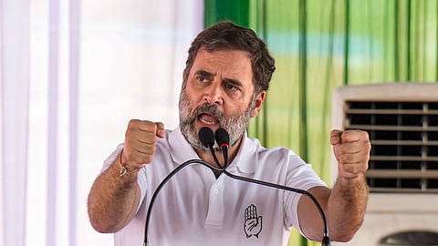 Leader of Opposition in Lok Sabha Rahul Gandhi addresses a public meeting 'Vijay Sankalp Jansabha' ahead of the Haryana Assembly elections, in Nuh district, Thursday, Oct. 3, 2024.