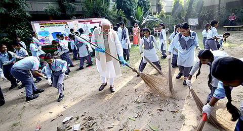 Prime Minister Narendra Modi takes part in 'Swachhata Abhiyan' on the ocassion of Gandhi Jayanti, in New Delhi. 