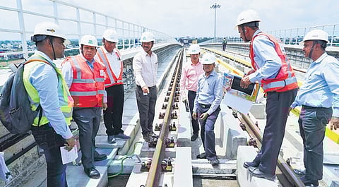 The Commissioner of Metro Rail Safety inspects the tracks between Nagasandra and Madavara on Tumakuru Road 