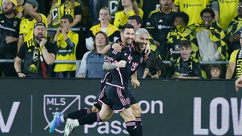 Lionel Messi and Luis Suarez celebrate goal against the Columbus Crew during an MLS soccer match in Columbus.