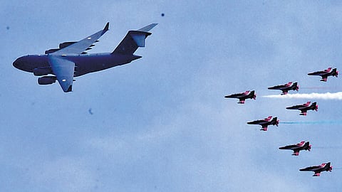 Aircraft zipping past the skies during rehearsal for the air show scheduled for Sunday
