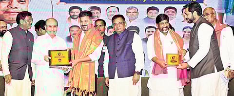 Chief Minister Revanth Reddy and Dy CM Mallu Bhatti Vikramarka during the 95th birth anniversary celebrations of G Venkataswamy at Ravindra Bharati on Saturday