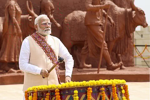 Prime Minister Narendra Modi during the inauguration of the Banjara Virasat Museum, in Washim district, Maharashtra, Saturday, Oct. 5, 2024. 