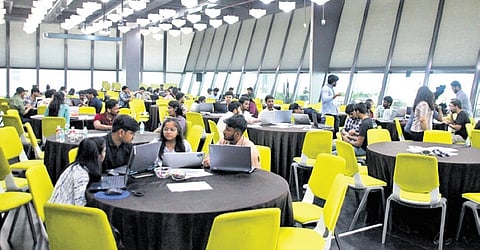 Students attend a programme organised by Wincibl at T-Hub in Hyderabad