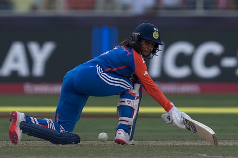 India's Jemimah Rodrigues plays a reverse sweep shot during the ICC Women's T20 World Cup 2024 match between Pakistan and India at Dubai International Stadium, United Arab Emirates, Sunday, Oct. 6, 2024.