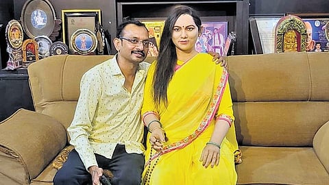 Berhampur businessman Prashant Nayak with the statue of his wife, Kiran 