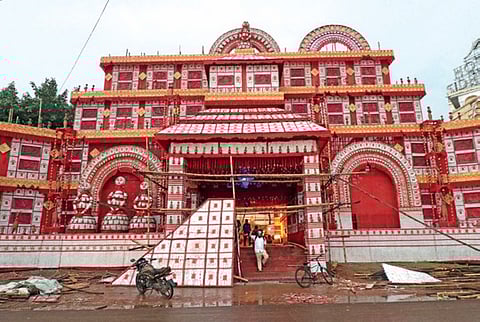 Construction of the 80 ft high and 120 ft wide Durga Puja pandal underway at Nayapalli in Bhubaneswar 