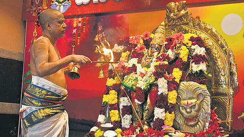 Goddess Kanaka Durga blessed the devotees as Sri Maha Chandi Devi in Vijayawada on Monday