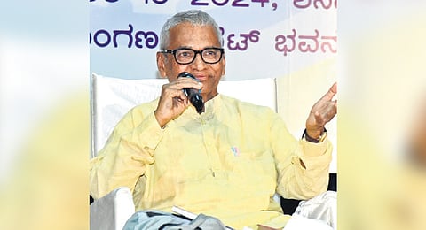 Senior advocate Ravivarma Kumar speaks in Mysuru on Sunday
