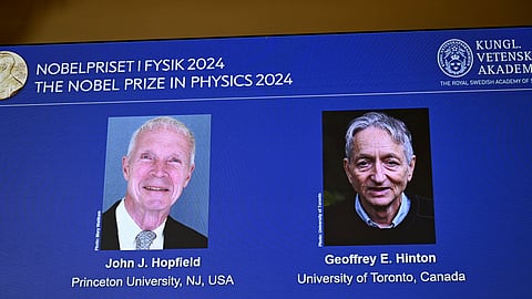John Hopfield and Geoffrey Hinton, seen in picture, are awarded the 2024 Nobel Prize in Physics, announced at a press conference at the Royal Swedish Academy of Sciences in Stockholm, Sweden Tuesday Oct. 8, 2024.