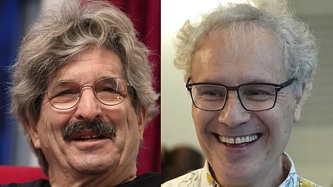 This photo combo shows 2024 Nobel Prize winners in physiology or medicine Gary Ruvkun and Victor Ambros, Monday, Oct 7, 2024.