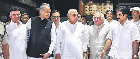 Congress leaders Pawan Khera, Ashok Gehlot, Bhupinder Singh Hooda, Jairam Ramesh, K C Venugopal  and others after meeting the Election Commission of India 