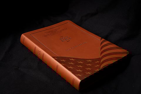 The front cover of Republican presidential nominee former President Donald Trump's "God Bless the USA" Bible in Washington, Tuesday, Oct. 8, 2024.