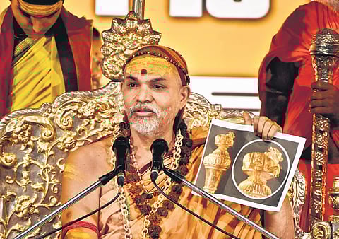 Swami Avimukteshwaranand, the Shankaracharya of Uttarakhand Jyotish Peeth, addresses the media in Hyderabad on Wednesday 