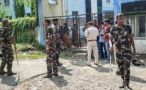 Police and paramilitary personnel were seen outside the College of Medicine & JNM Hospital where the body of the minor girl who was allegedly raped and killed in Kultali in South 24 Parganas has been brought in for post-mortem , in Nadia on Monday, Oct 07, 2024.