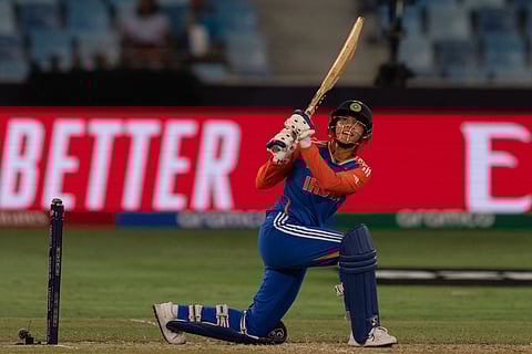 Smriti Mandhana bats during the ICC Women's T20 World Cup 2024 match against Sri Lanka in Dubai (Photo | PTI)
