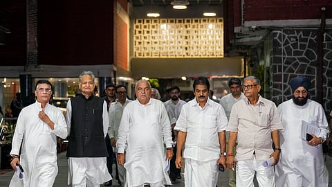 Congress leaders Pawan Khera, Ashok Gehlot, Bhupinder Singh Hooda, KC Venugopal, Udai Bhan and Partap Singh Bajwa come out after meeting Election Commissioners at Nirvachan Sadan, in New Delhi, Wednesday, Oct. 9, 2024.