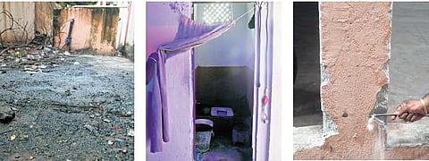 (From left) Unhygienic conditions around the water tank; missing door of a bathroom; a resident points to cement crumbling from a pillar at the 2BHK Dignity Housing Colony, Muralidhar Bagh, Nampally, Hyderabad 