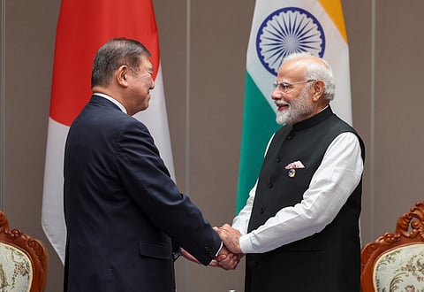 Prime Minister Narendra Modi with Japanese PM Shigeru Ishiba during a bilateral meeting, in Vientiane.