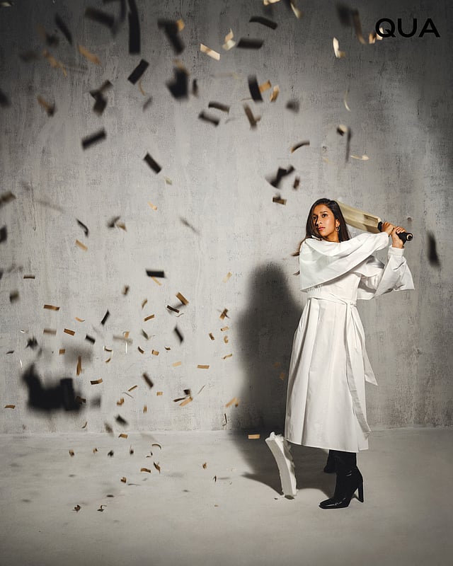 Jemimah Rodrigues in an A-line cape dress
