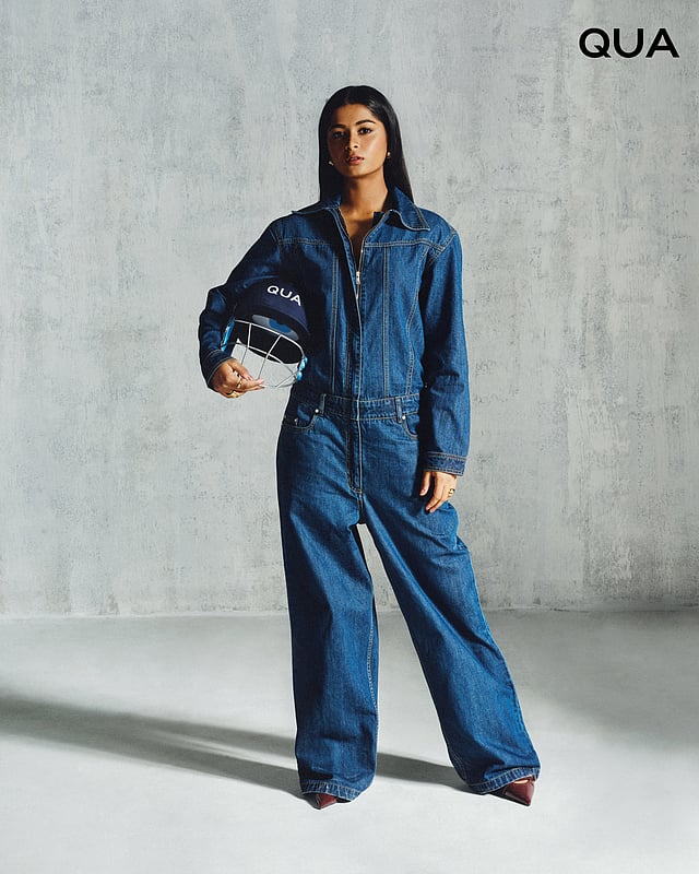 Shreyanka Patil in a denim boiler jumpsuit