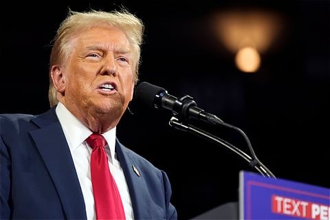 Republican presidential nominee former President Donald Trump speaks at a campaign rally at the Santander Arena, Wednesday, Oct. 9, 2024, in Reading, Pa.