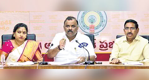 Revenue Minister Anagani Satya Prasad, Home Minister V Anitha and MAUD Minister P Narayana address a press conference on Wednesday 