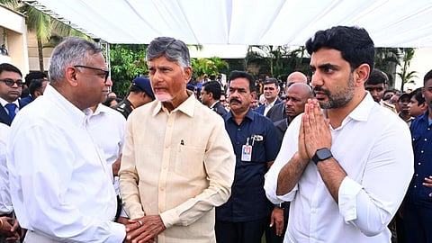 Andhra Pradesh Chief Minister N Chandrababu Naidu with Minister Nara Lokesh.
