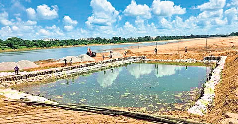 A temporary pond was created for the immersion of Durga idols.