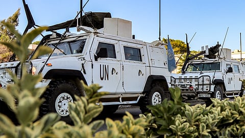 Armoured vehicles of the United Nations Interim Force in Lebanon (UNIFIL) are pictured during a patrol around Marjayoun in south Lebanon on October 8, 2024.