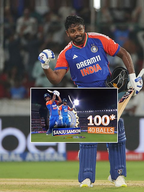  India's Sanju Samson celebrates his century during the third and final T20 International cricket match between India and Bangladesh at Rajiv Gandhi International Cricket Stadium, in Hyderabad, Saturday, Oct. 12, 2024.