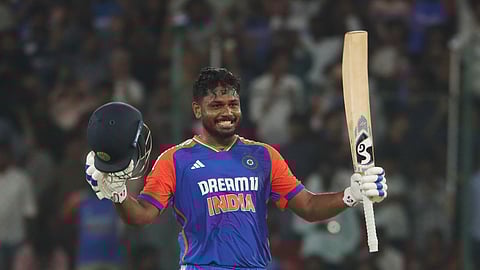  India's Sanju Samson celebrates his century during the third and final T20 International cricket match between India and Bangladesh at Rajiv Gandhi International Cricket Stadium, in Hyderabad, Saturday, Oct. 12, 2024.
