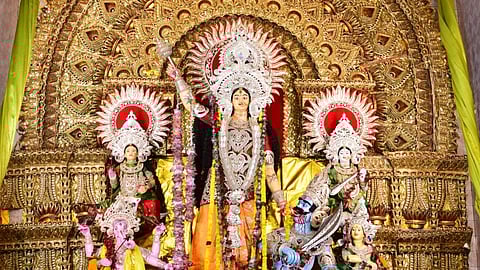 The idol of two-armed Goddess Durga being worshipped at Maa Bagala Thakurani puja mandap in Cuttack’s Bhagatpur