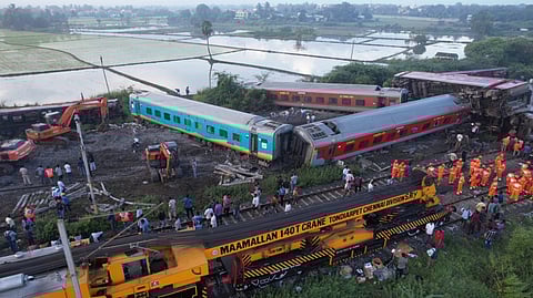 Restoration work is underway on Saturday, at the site where the Mysuru-Darbhanga Bagmati Express train collided with a stationary goods train in Tamil Nadu's Kavaraipettai on October 11 night.