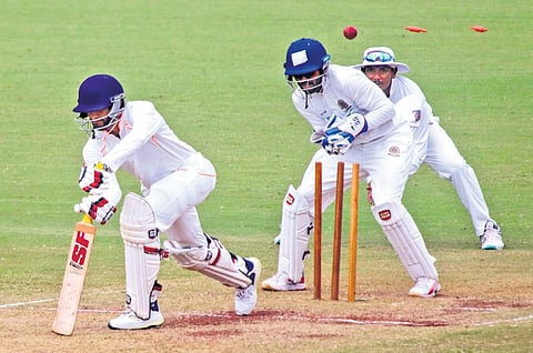 Vidarbha’s Aditya Thakare being bowled out against Andhra on Day 3.